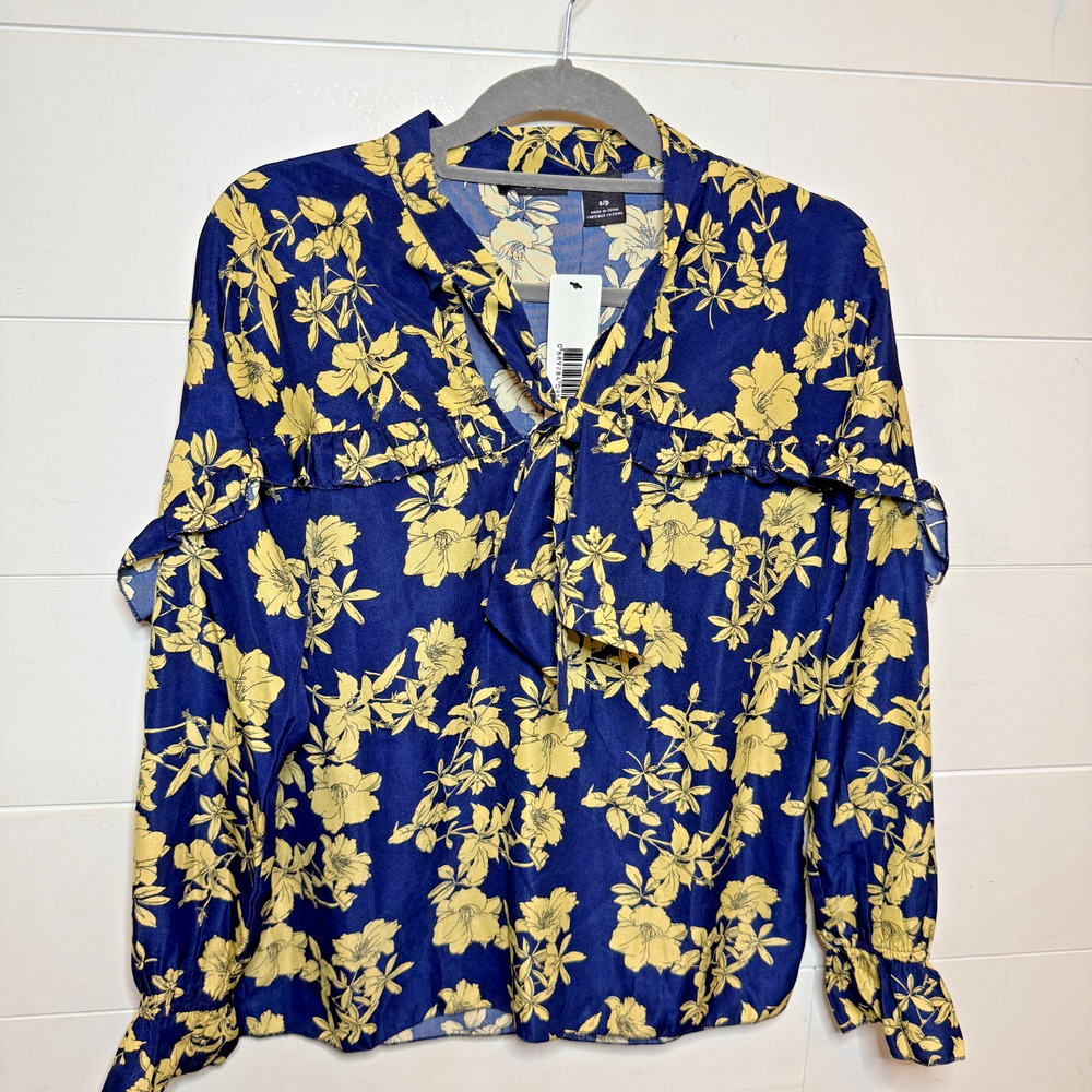 K. by Kersh Navy Floral Blouse, Ruffle Sleeve, Tie, Poet Neck NWT